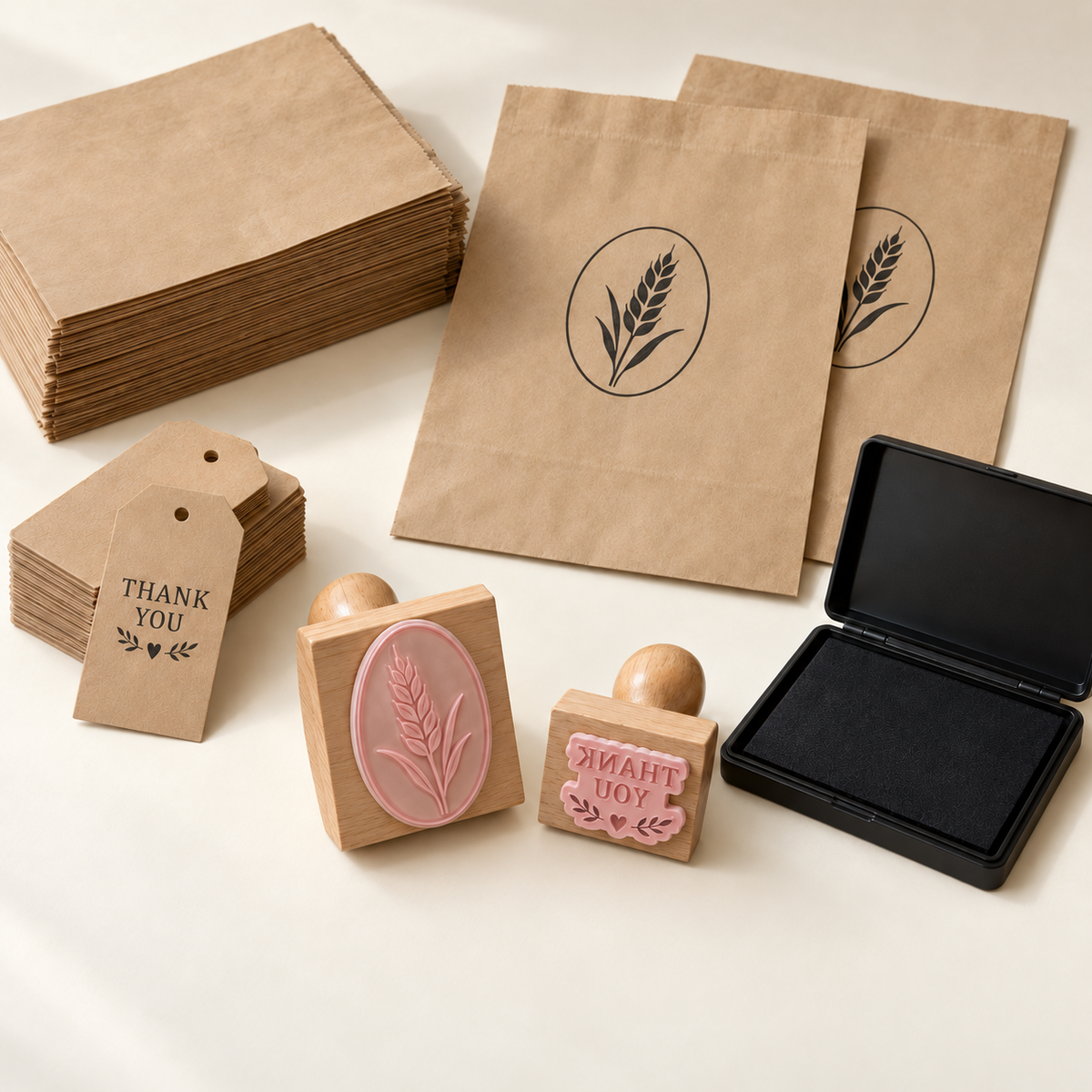 AI concept of the Cafe and Bakery Takeaway kit: two wood-mounted stamps with pink relief, black ink pad, flat kraft outer bags and tags. Exterior paper branding only.
