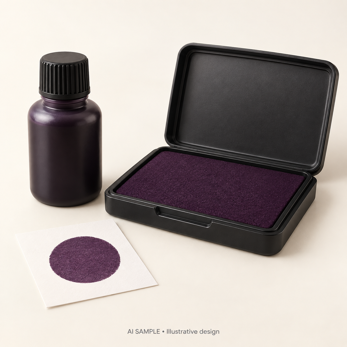 AI SAMPLE: Generic unbranded concept for Plum Ink Pad and Refill Set. Not an actual product photograph or Ranger packaging. Shade is illustrative; props are not included.