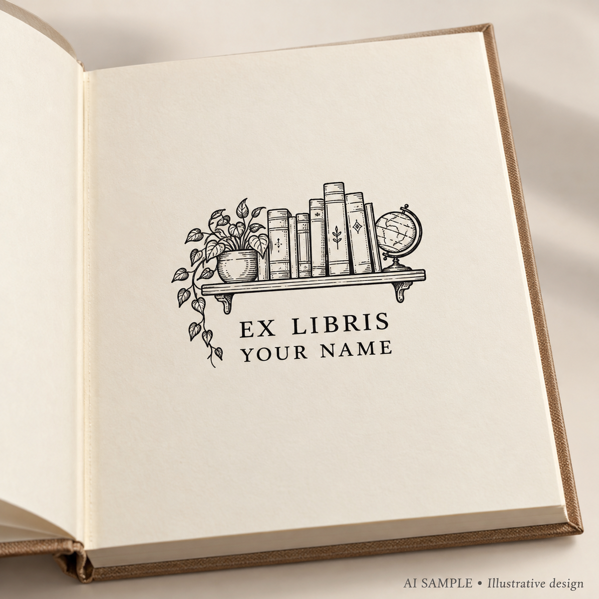 AI SAMPLE: Original illustrative concept for Shelf of Stories Book Stamp. Not an actual product photograph. Design, proportions and colors require merchant approval. Shown surface demonstrates the imprint and is not included.