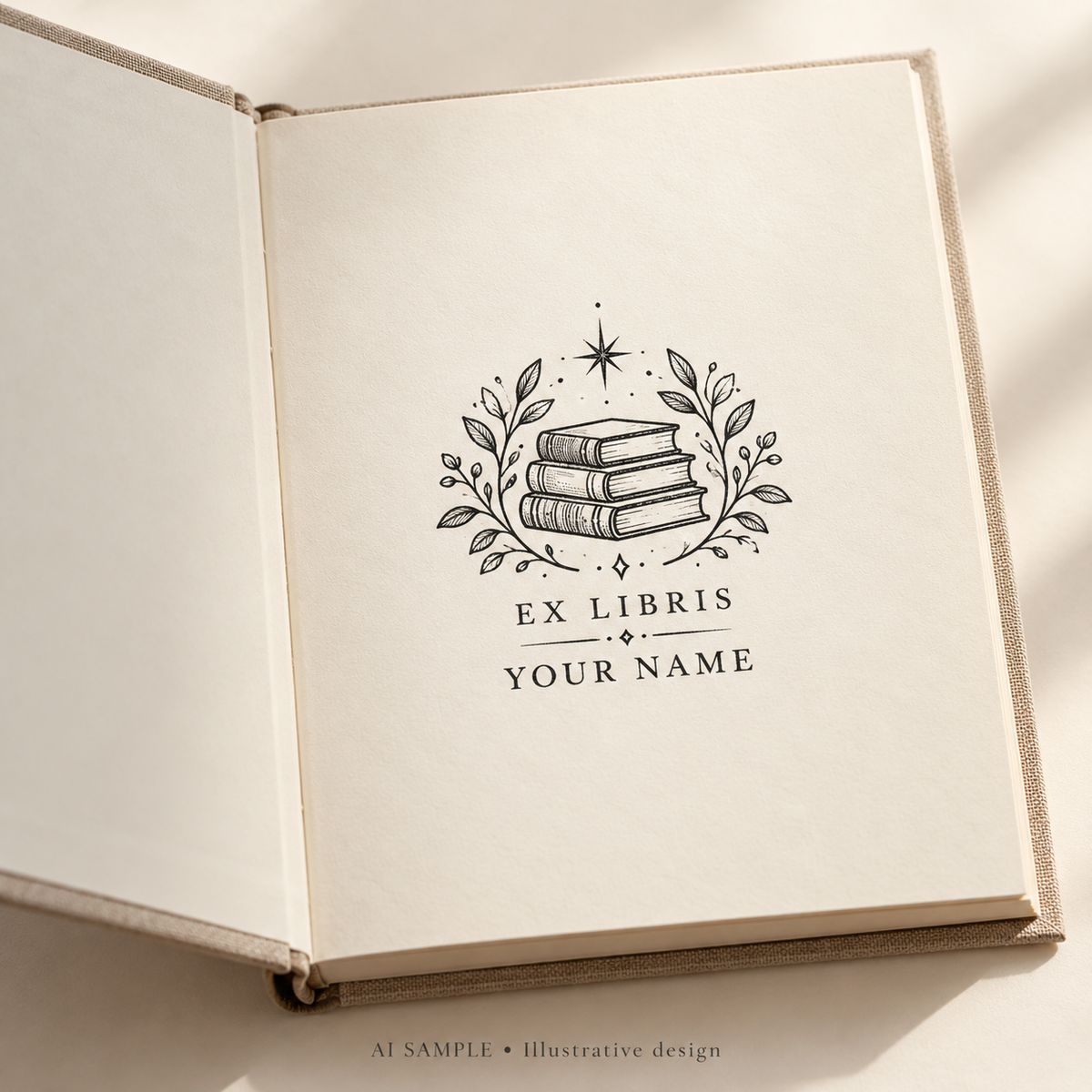 AI SAMPLE: Original illustrative concept for Reader's Emblem Book Stamp. Not an actual product photograph. Design, proportions and colors require merchant approval. Shown surface demonstrates the imprint and is not included.