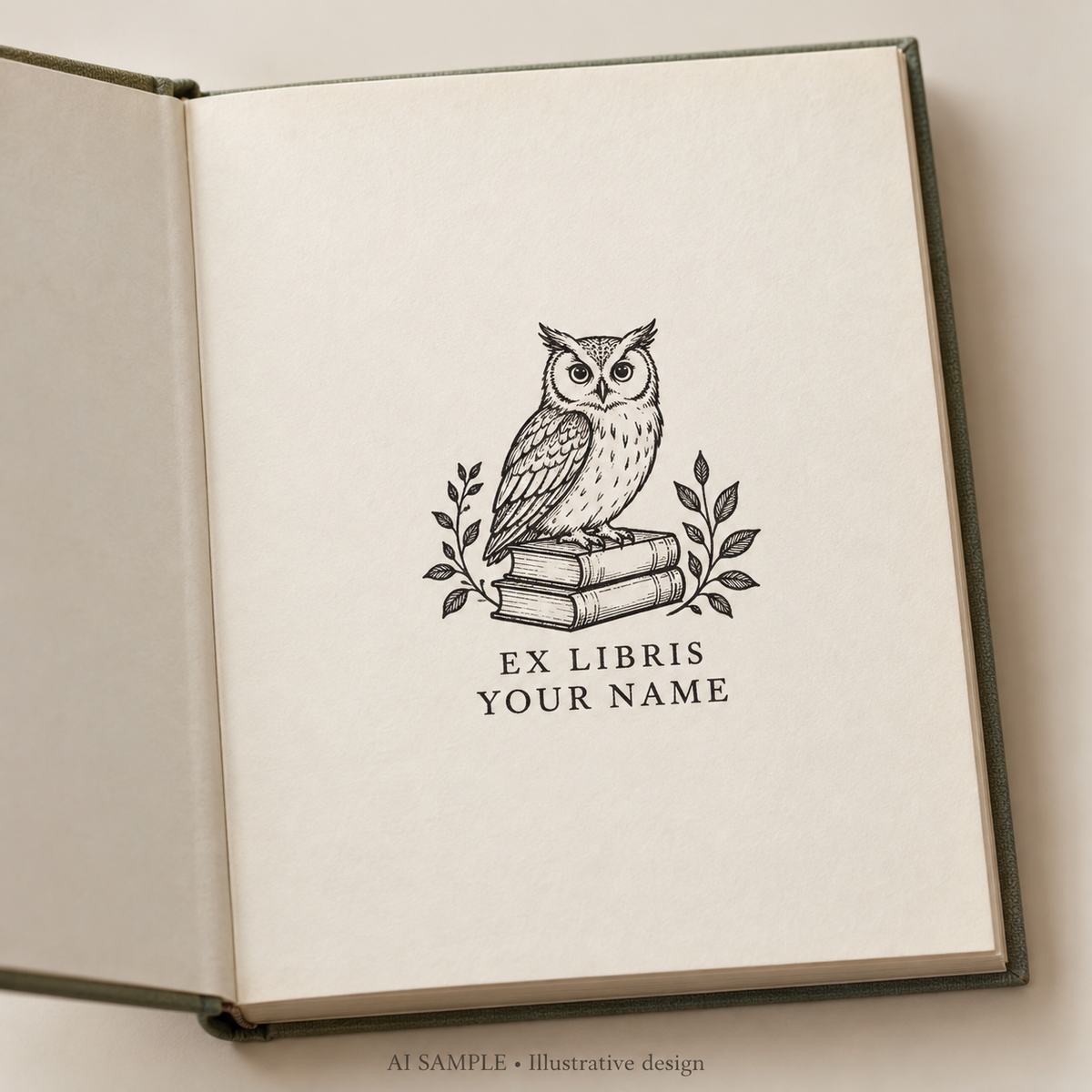 AI SAMPLE: Original illustrative concept for Owl Reading Room Book Stamp. Not an actual product photograph. Design, proportions and colors require merchant approval. Shown surface demonstrates the imprint and is not included.