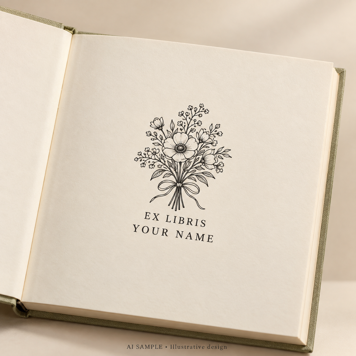 AI SAMPLE: Original illustrative concept for Bookish Bouquet Book Stamp. Not an actual product photograph. Design, proportions and colors require merchant approval. Shown surface demonstrates the imprint and is not included.