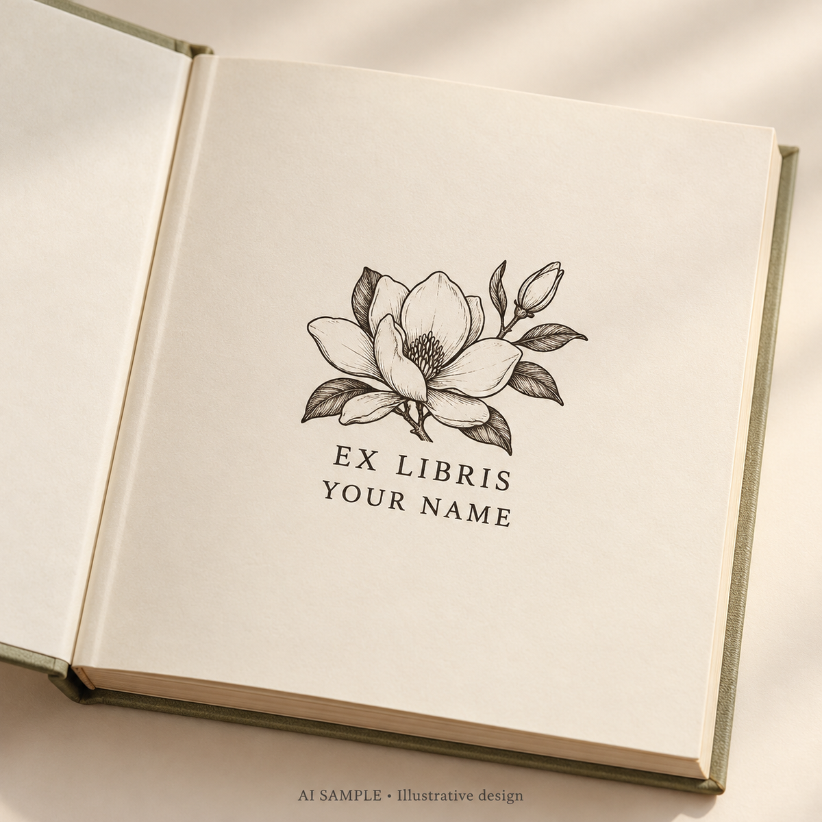 AI SAMPLE: Original illustrative concept for Magnolia Pages Book Stamp. Not an actual product photograph. Design, proportions and colors require merchant approval. Shown surface demonstrates the imprint and is not included.
