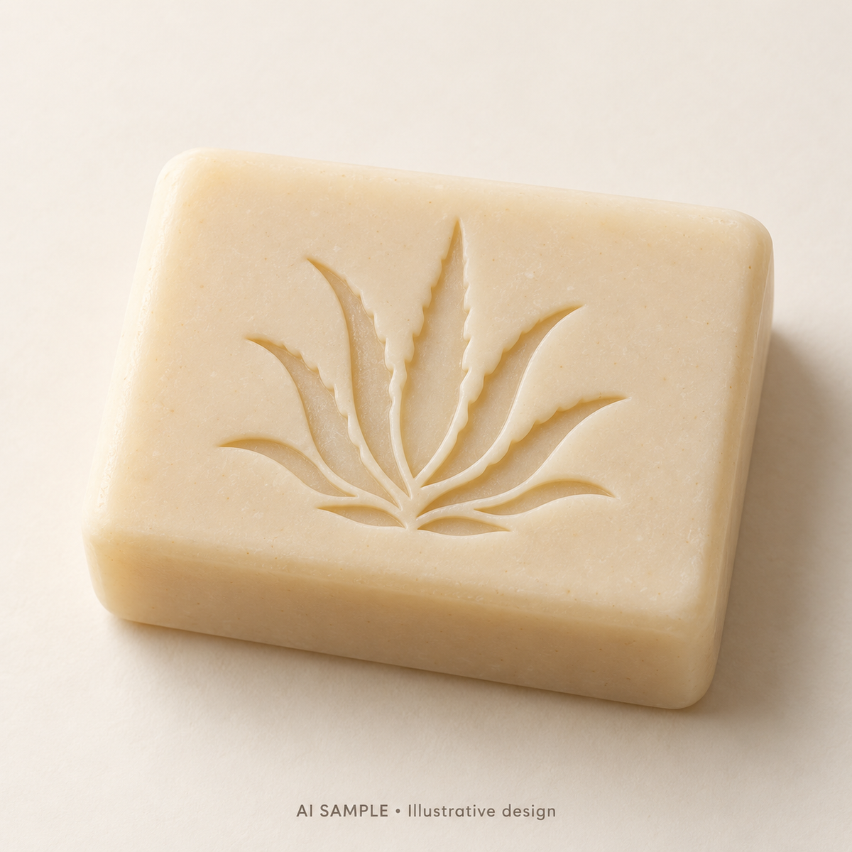 AI SAMPLE: Original illustrative concept for Aloe Garden Soap Stamp. Not an actual product photograph. Design, proportions and colors require merchant approval. Shown surface demonstrates the imprint and is not included.
