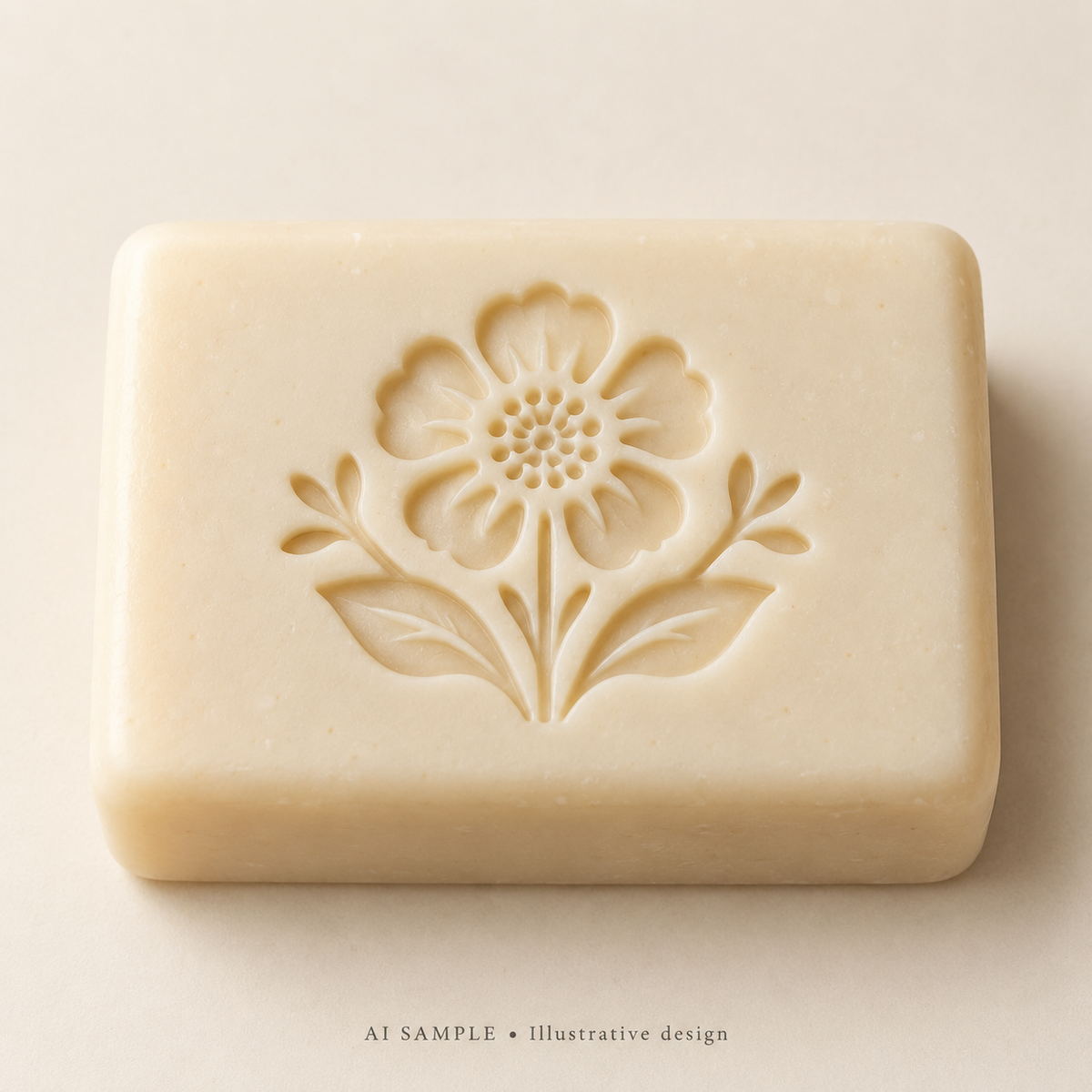 AI SAMPLE: Original illustrative concept for Petal Study 04 Soap Stamp. Not an actual product photograph. Design, proportions and colors require merchant approval. Shown surface demonstrates the imprint and is not included.