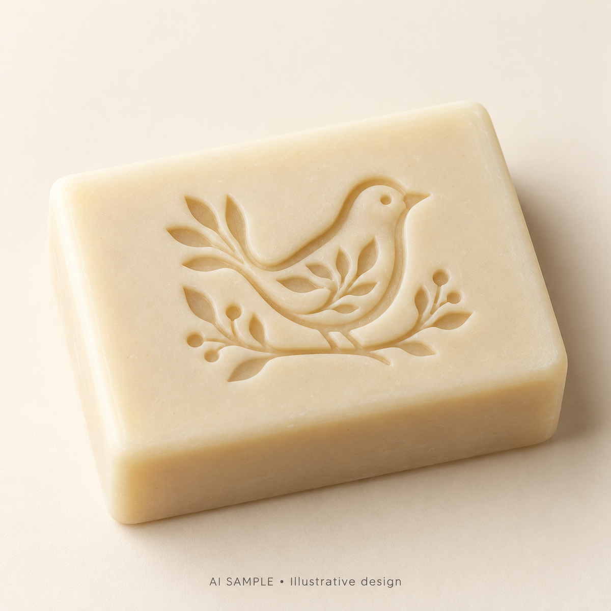 AI SAMPLE: Original illustrative concept for Little Bird 02 Soap Stamp. Not an actual product photograph. Design, proportions and colors require merchant approval. Shown surface demonstrates the imprint and is not included.