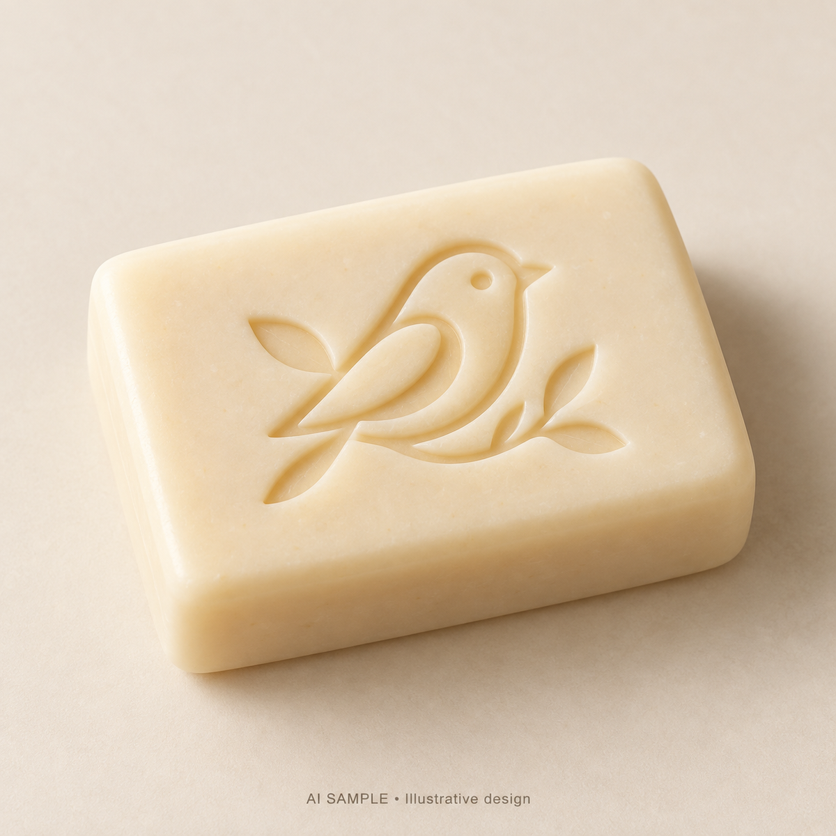 AI SAMPLE: Original illustrative concept for Little Bird 03 Soap Stamp. Not an actual product photograph. Design, proportions and colors require merchant approval. Shown surface demonstrates the imprint and is not included.
