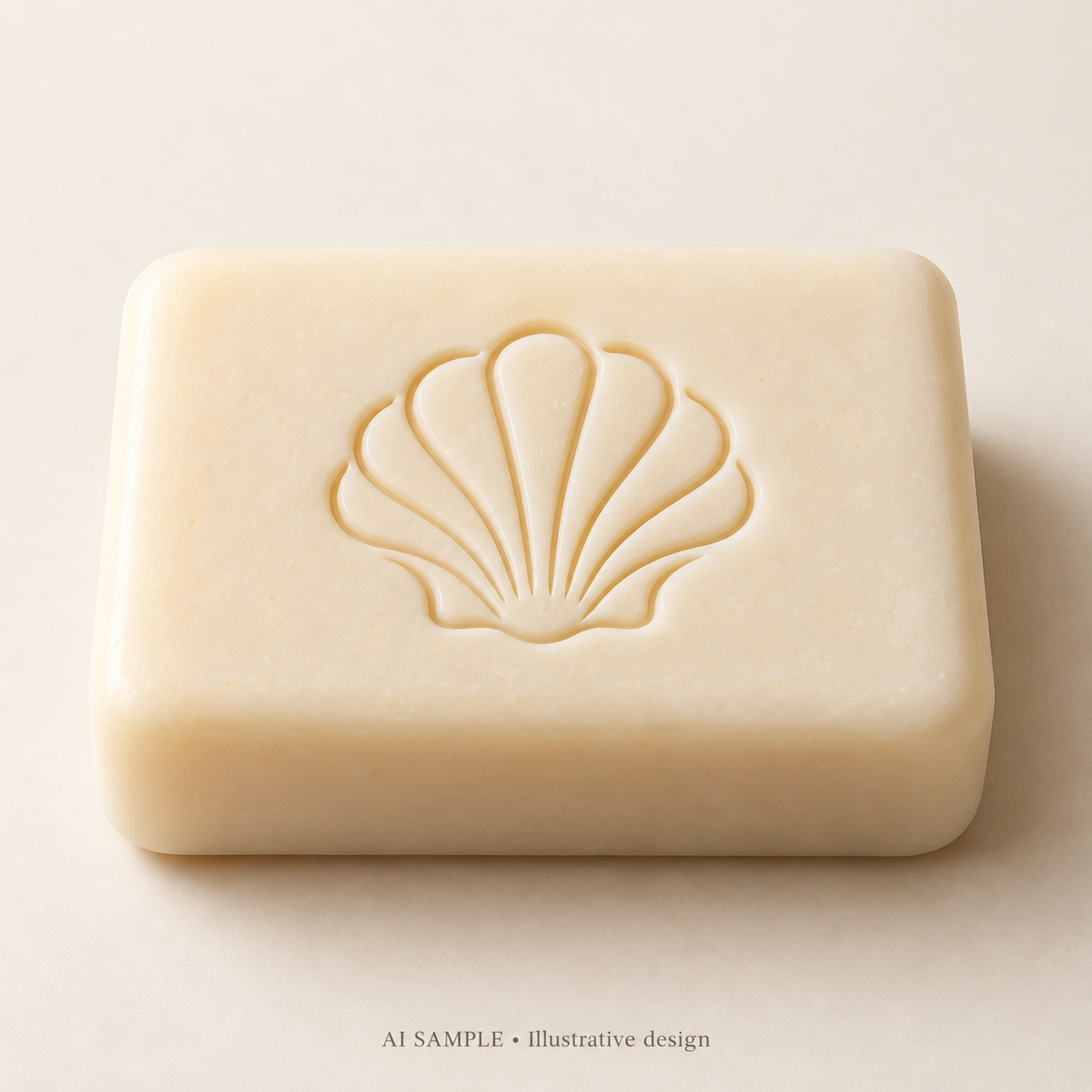 AI SAMPLE: Original illustrative concept for Shoreline Shell 04 Soap Stamp. Not an actual product photograph. Design, proportions and colors require merchant approval. Shown surface demonstrates the imprint and is not included.