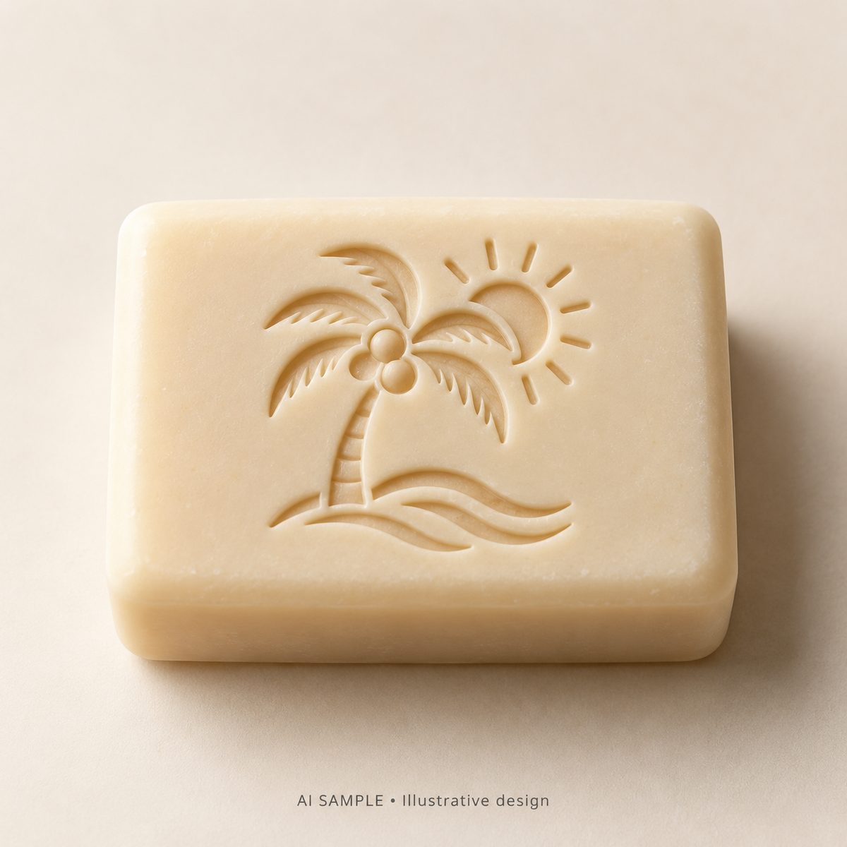 AI SAMPLE: Original illustrative concept for Island Sunshine Soap Stamp. Not an actual product photograph. Design, proportions and colors require merchant approval. Shown surface demonstrates the imprint and is not included.