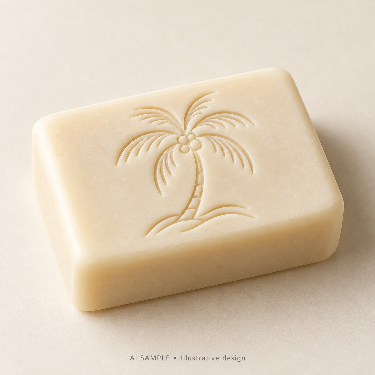 AI SAMPLE: Original illustrative concept for Island Palm 03 Soap Stamp. Not an actual product photograph. Design, proportions and colors require merchant approval. Shown surface demonstrates the imprint and is not included.