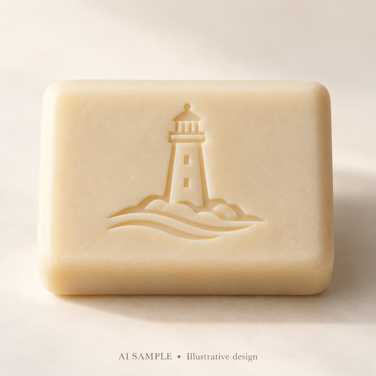 AI SAMPLE: Original illustrative concept for Coastal Beacon 01 Soap Stamp. Not an actual product photograph. Design, proportions and colors require merchant approval. Shown surface demonstrates the imprint and is not included.