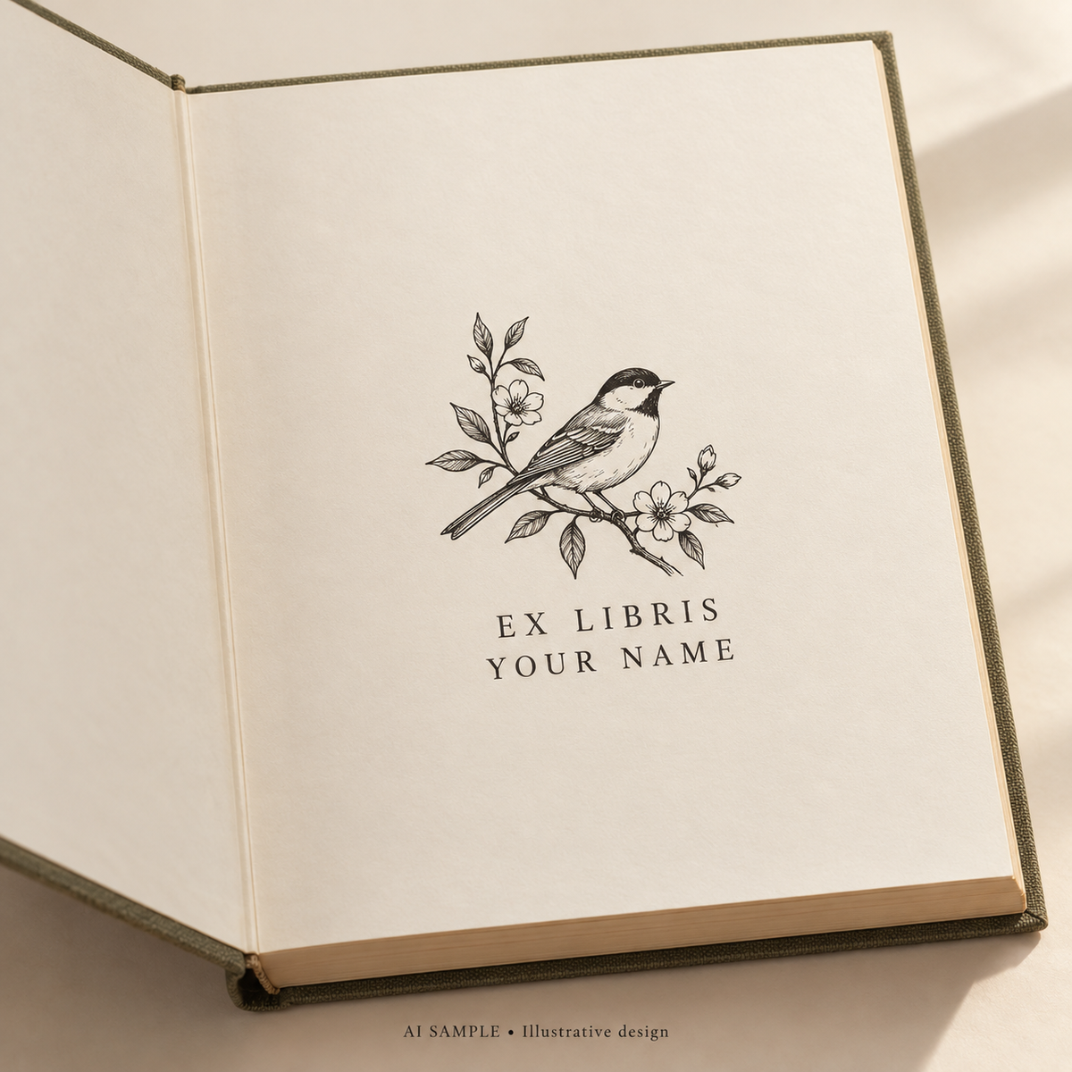 AI SAMPLE: Original illustrative concept for Songbird Library Book Stamp. Not an actual product photograph. Design, proportions and colors require merchant approval. Shown surface demonstrates the imprint and is not included.