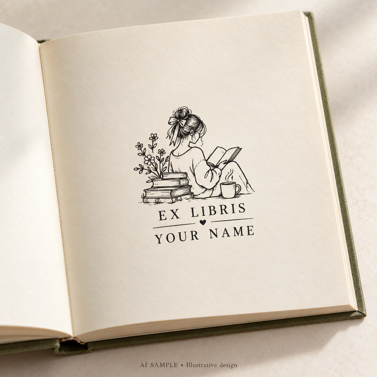 AI SAMPLE: Original illustrative concept for Her Reading Hour Book Stamp. Not an actual product photograph. Design, proportions and colors require merchant approval. Shown surface demonstrates the imprint and is not included.