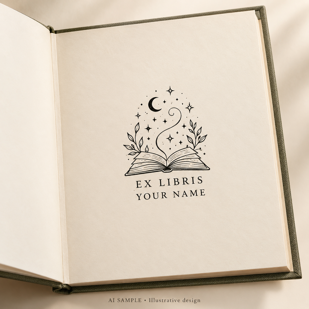 AI SAMPLE: Original illustrative concept for Pages of Wonder Book Stamp. Not an actual product photograph. Design, proportions and colors require merchant approval. Shown surface demonstrates the imprint and is not included.