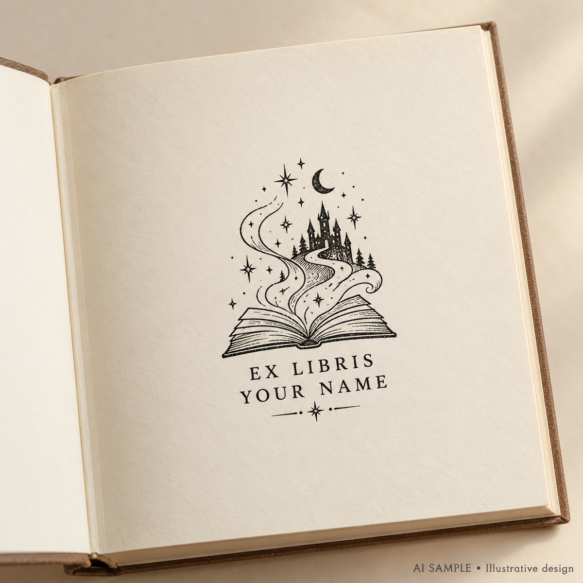 AI SAMPLE: Original illustrative concept for Enchanted Chapters Book Stamp. Not an actual product photograph. Design, proportions and colors require merchant approval. Shown surface demonstrates the imprint and is not included.