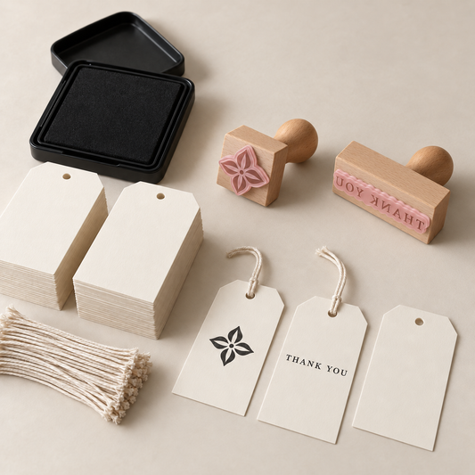 AI concept of the Boutique Hangtag kit: two wood-mounted flower-logo and thank-you stamps, black ink pad, uncoated tags and precut cotton strings in representative quantities.