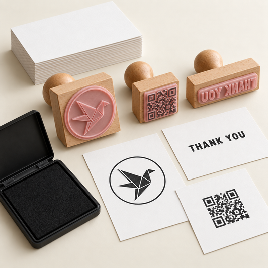 AI concept of the Social and Reorder kit: three wood-mounted logo, QR and thank-you stamps with pink relief, black ink pad and representative white cards. QR is illustrative.