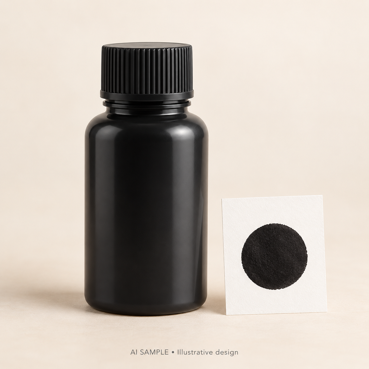 AI SAMPLE: Generic unbranded concept for Jet Black Stamp Ink Refill. Not an actual product photograph or Ranger packaging. Shade is illustrative; props are not included.