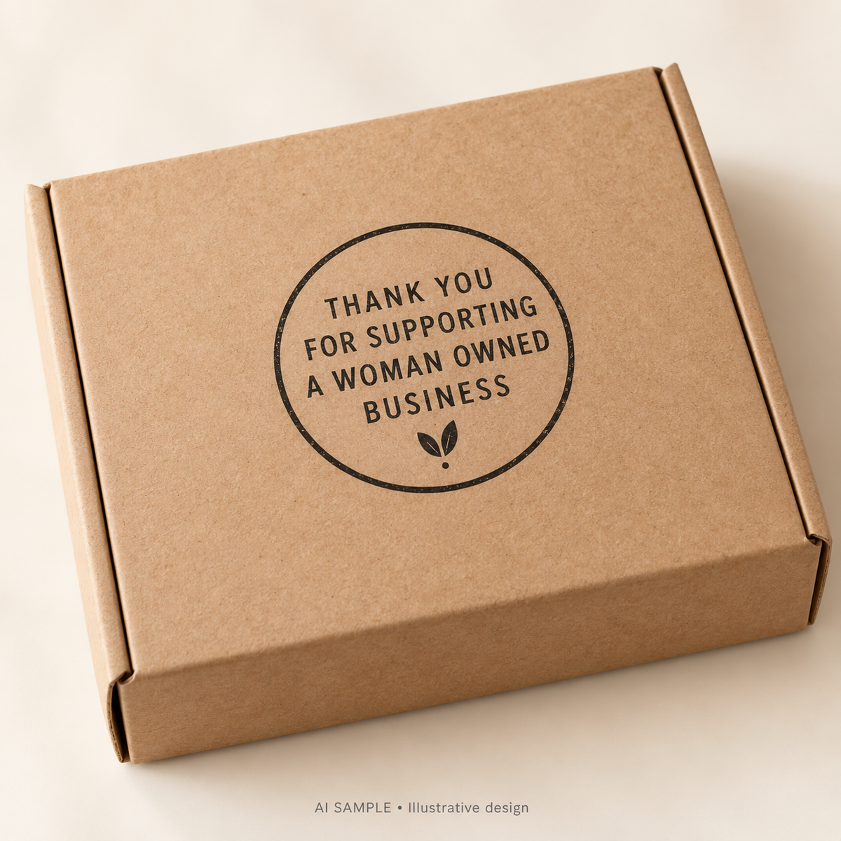 AI SAMPLE: Original illustrative concept for Women-Owned Business Appreciation Stamp. Not an actual product photograph. Design, proportions and colors require merchant approval. Shown surface demonstrates the imprint and is not included.