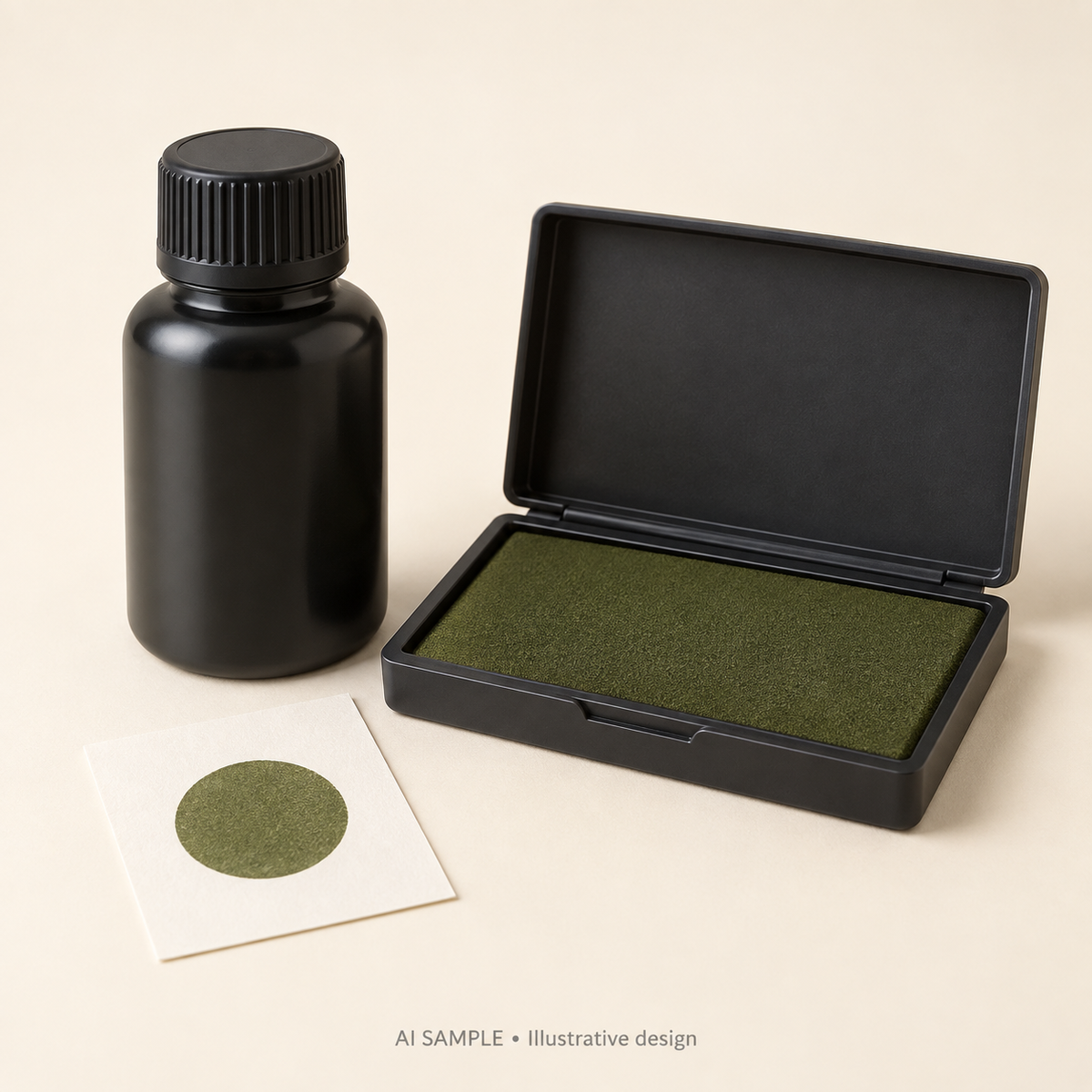 AI SAMPLE: Generic unbranded concept for Olive Ink Pad and Refill Set. Not an actual product photograph or Ranger packaging. Shade is illustrative; props are not included.