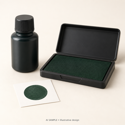 AI SAMPLE: Generic unbranded concept for Library Green Ink Pad and Refill Set. Not an actual product photograph or Ranger packaging. Shade is illustrative; props are not included.