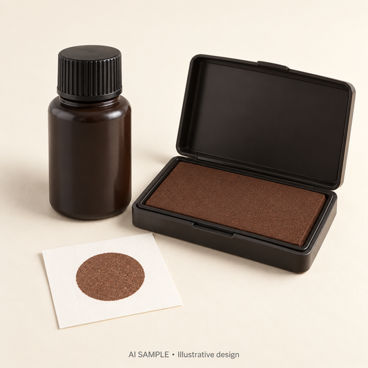 AI SAMPLE: Generic unbranded concept for Sepia Ink Pad and Refill Set. Not an actual product photograph or Ranger packaging. Shade is illustrative; props are not included.