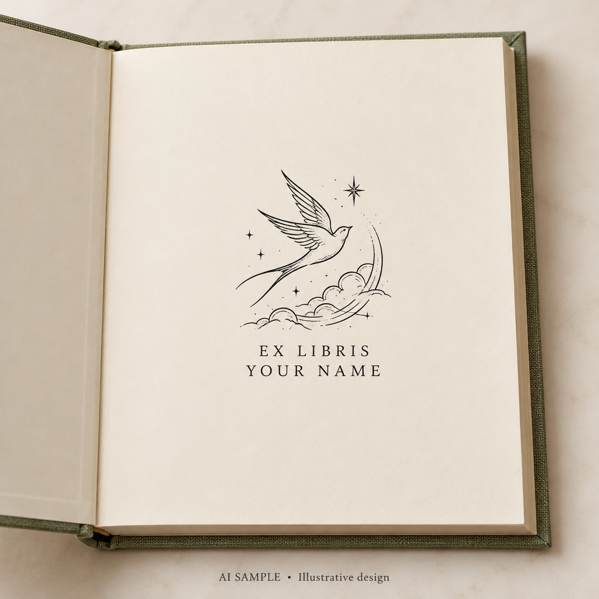 AI SAMPLE: Original illustrative concept for Flight of Pages Book Stamp. Not an actual product photograph. Design, proportions and colors require merchant approval. Shown surface demonstrates the imprint and is not included.