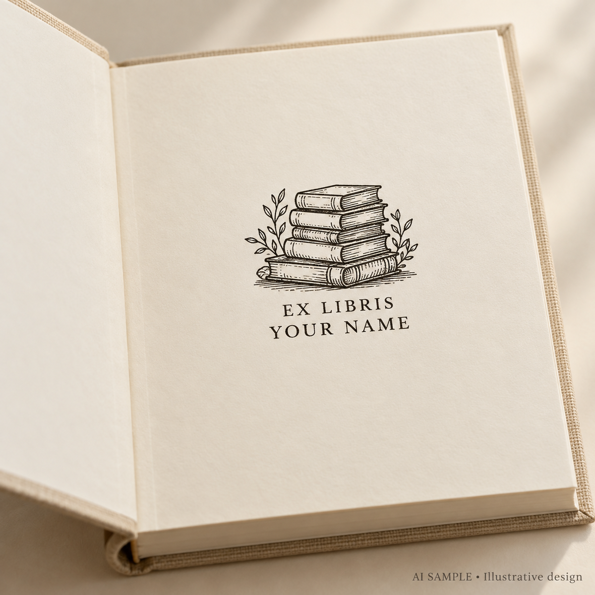 AI SAMPLE: Original illustrative concept for Stacked Stories Book Stamp. Not an actual product photograph. Design, proportions and colors require merchant approval. Shown surface demonstrates the imprint and is not included.