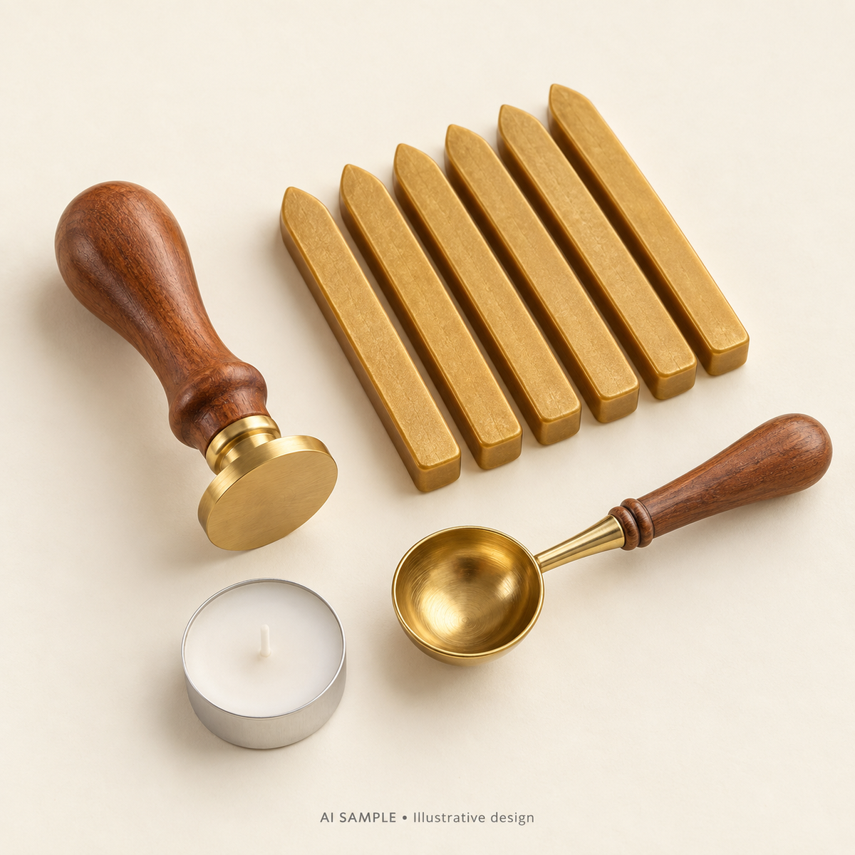 AI SAMPLE: Original illustrative concept for Personal Insignia Seal-Making Kit. Not an actual product photograph. Design, proportions and colors require merchant approval. Props are not included.