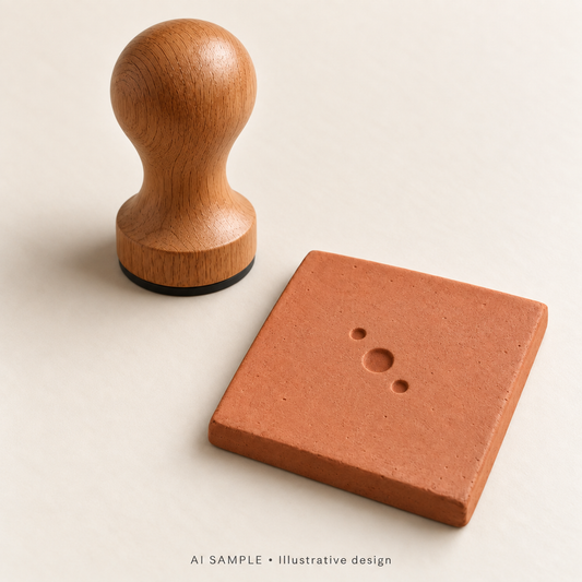 AI SAMPLE: Original illustrative concept for Clay Identity Custom Stamp. Not an actual product photograph. Design, proportions and colors require merchant approval. Props are not included.