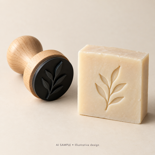 AI SAMPLE: Original illustrative concept for Soapmaker’s Identity Stamp. Not an actual product photograph. Design, proportions and colors require merchant approval. Props are not included.