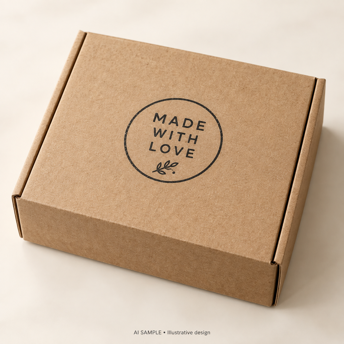 AI SAMPLE: Original illustrative concept for Made with Care Message Stamp. Not an actual product photograph. Design, proportions and colors require merchant approval. Shown surface demonstrates the imprint and is not included.