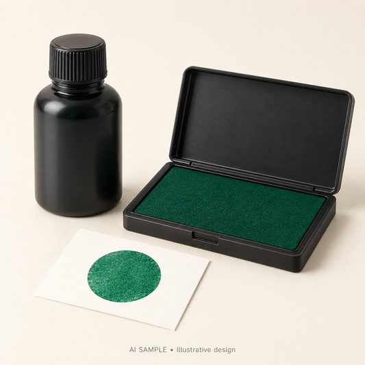 AI SAMPLE: Generic unbranded concept for Emerald Green Ink Pad and Refill Set. Not an actual product photograph or Ranger packaging. Shade is illustrative; props are not included.