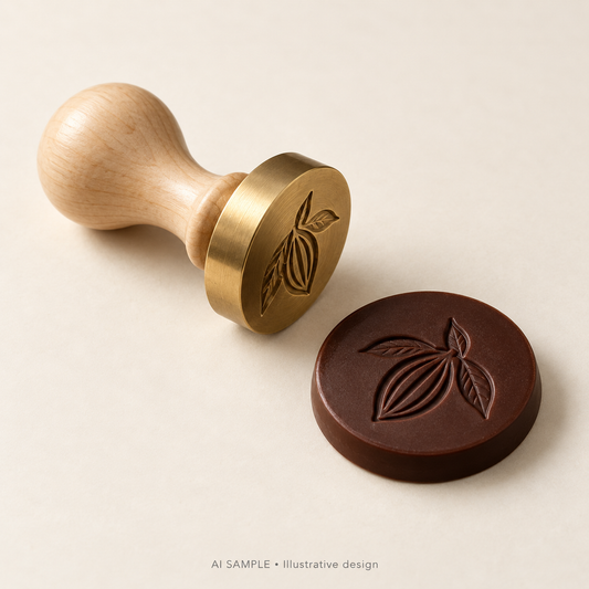 AI SAMPLE: Original illustrative concept for Chocolate Emblem Custom Stamp. Not an actual product photograph. Design, proportions and colors require merchant approval. Props are not included.