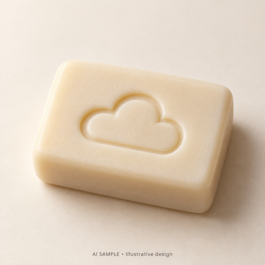 AI SAMPLE: Original illustrative concept for Cloud Drift Soap Stamp. Not an actual product photograph. Design, proportions and colors require merchant approval. Shown surface demonstrates the imprint and is not included.