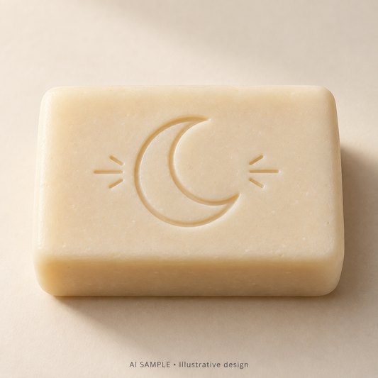 AI SAMPLE: Original illustrative concept for Moonlit Mark Soap Stamp. Not an actual product photograph. Design, proportions and colors require merchant approval. Shown surface demonstrates the imprint and is not included.