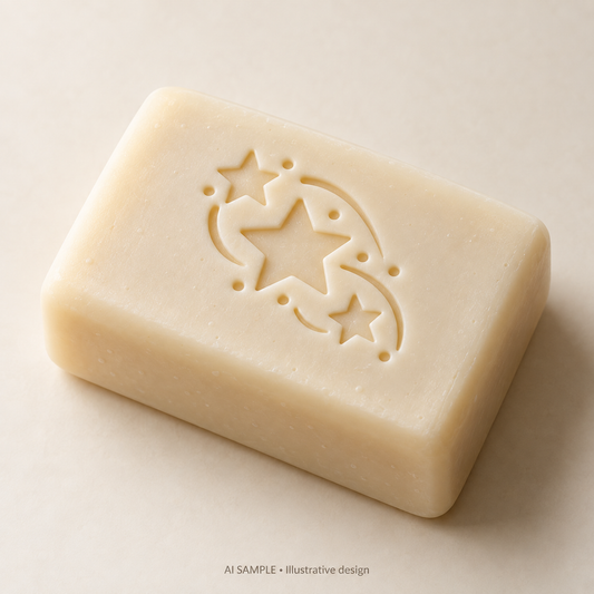 AI SAMPLE: Original illustrative concept for Star Gathering Soap Stamp. Not an actual product photograph. Design, proportions and colors require merchant approval. Shown surface demonstrates the imprint and is not included.