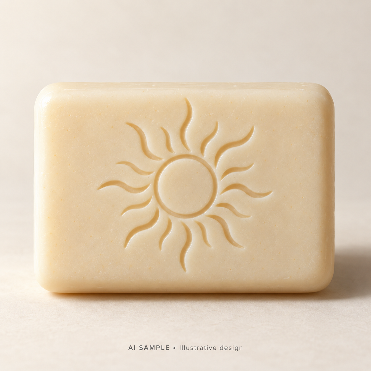 AI SAMPLE: Original illustrative concept for Daylight Sun 01 Soap Stamp. Not an actual product photograph. Design, proportions and colors require merchant approval. Shown surface demonstrates the imprint and is not included.