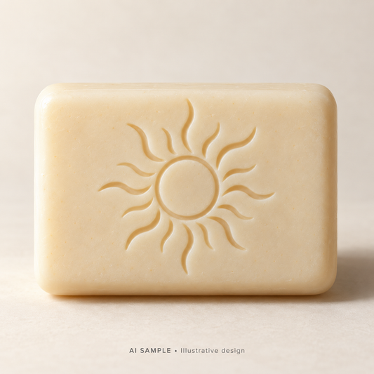 AI SAMPLE: Original illustrative concept for Daylight Sun 01 Soap Stamp. Not an actual product photograph. Design, proportions and colors require merchant approval. Shown surface demonstrates the imprint and is not included.