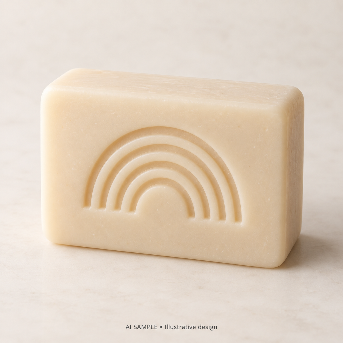 AI SAMPLE: Original illustrative concept for Rainbow Arc Soap Stamp. Not an actual product photograph. Design, proportions and colors require merchant approval. Shown surface demonstrates the imprint and is not included.