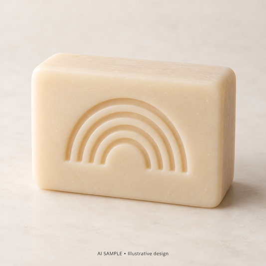AI SAMPLE: Original illustrative concept for Rainbow Arc Soap Stamp. Not an actual product photograph. Design, proportions and colors require merchant approval. Shown surface demonstrates the imprint and is not included.