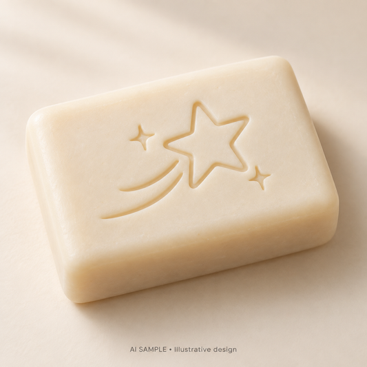 AI SAMPLE: Original illustrative concept for Little Sparkle Soap Stamp. Not an actual product photograph. Design, proportions and colors require merchant approval. Shown surface demonstrates the imprint and is not included.