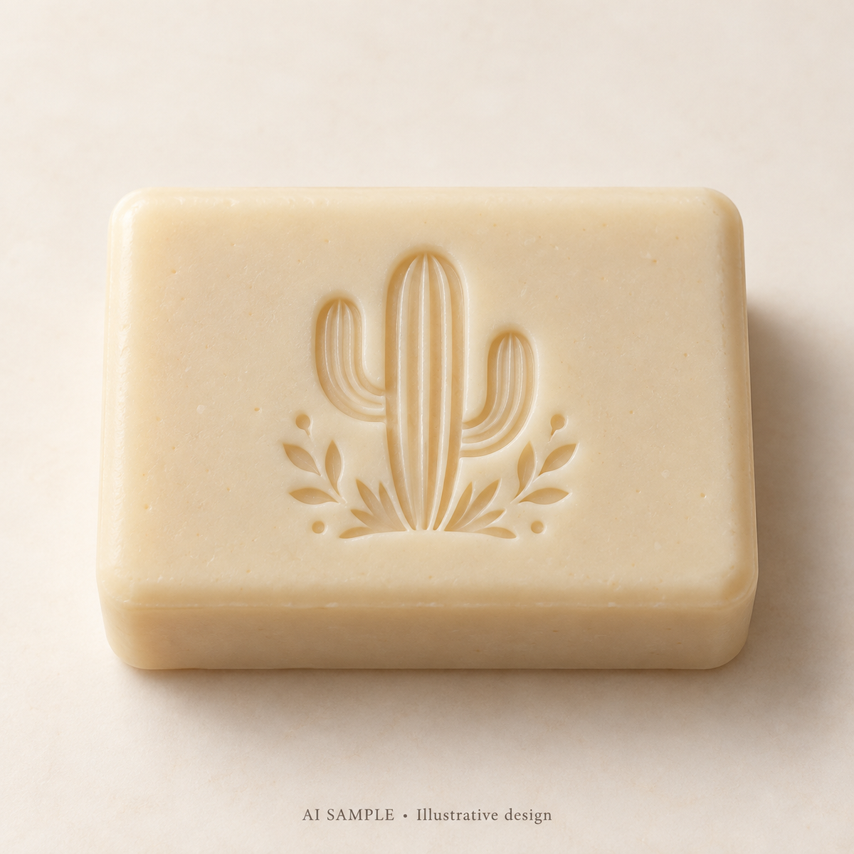 AI SAMPLE: Original illustrative concept for Desert Cactus Soap Stamp. Not an actual product photograph. Design, proportions and colors require merchant approval. Shown surface demonstrates the imprint and is not included.
