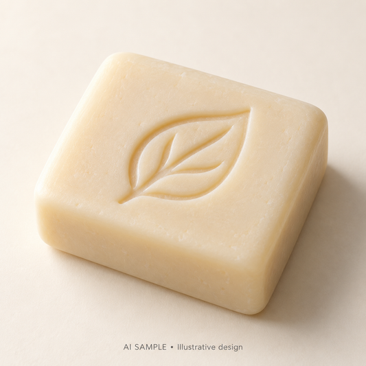 AI SAMPLE: Original illustrative concept for Woodland Leaf 01 Soap Stamp. Not an actual product photograph. Design, proportions and colors require merchant approval. Shown surface demonstrates the imprint and is not included.
