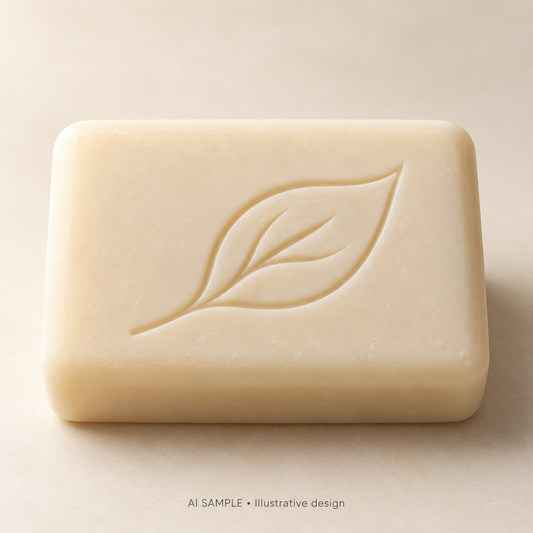 AI SAMPLE: Original illustrative concept for Woodland Leaf 02 Soap Stamp. Not an actual product photograph. Design, proportions and colors require merchant approval. Shown surface demonstrates the imprint and is not included.