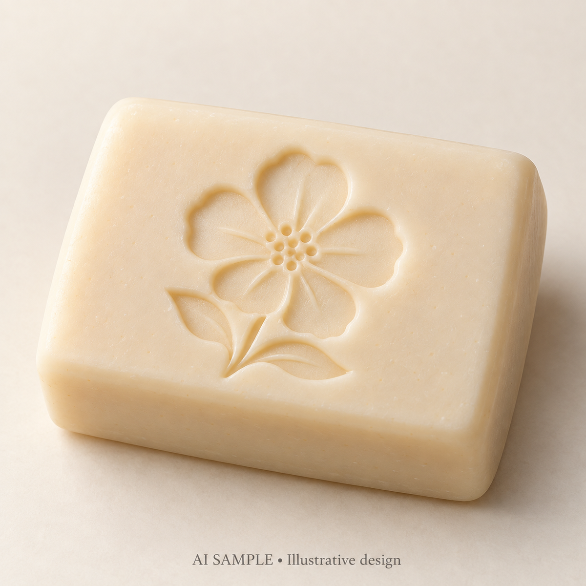 AI SAMPLE: Original illustrative concept for Petal Study 01 Soap Stamp. Not an actual product photograph. Design, proportions and colors require merchant approval. Shown surface demonstrates the imprint and is not included.
