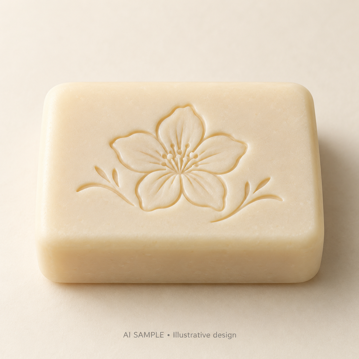AI SAMPLE: Original illustrative concept for Petal Study 02 Soap Stamp. Not an actual product photograph. Design, proportions and colors require merchant approval. Shown surface demonstrates the imprint and is not included.