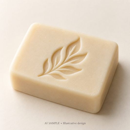 AI SAMPLE: Original illustrative concept for Woodland Leaf 03 Soap Stamp. Not an actual product photograph. Design, proportions and colors require merchant approval. Shown surface demonstrates the imprint and is not included.