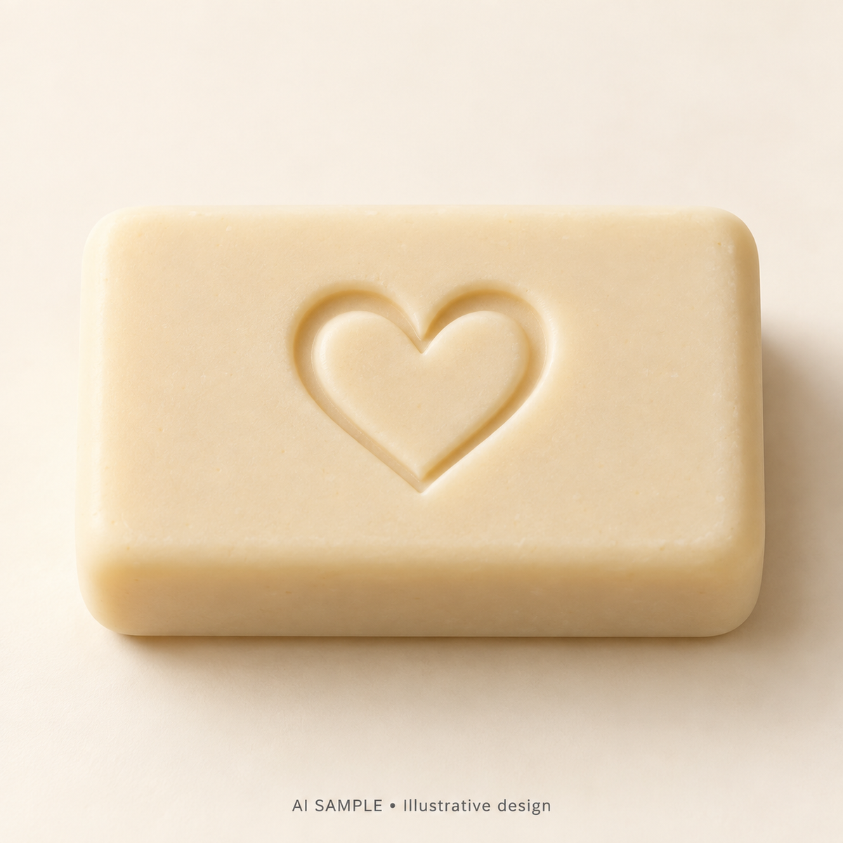AI SAMPLE: Original illustrative concept for Heartfelt Mark Soap Stamp. Not an actual product photograph. Design, proportions and colors require merchant approval. Shown surface demonstrates the imprint and is not included.