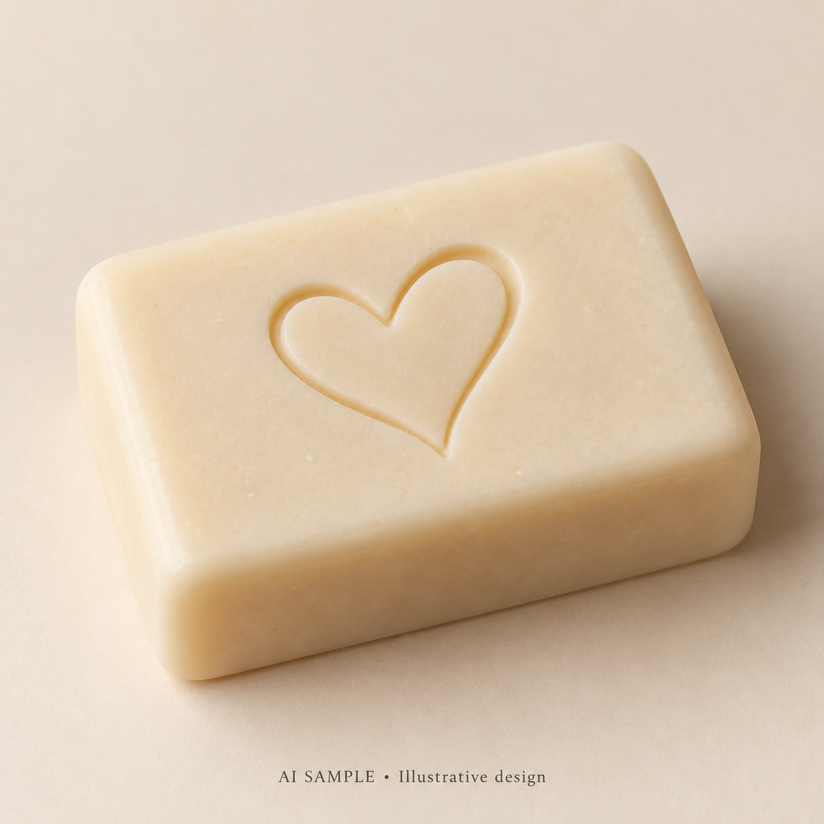 AI SAMPLE: Original illustrative concept for Heart Contour Soap Stamp. Not an actual product photograph. Design, proportions and colors require merchant approval. Shown surface demonstrates the imprint and is not included.